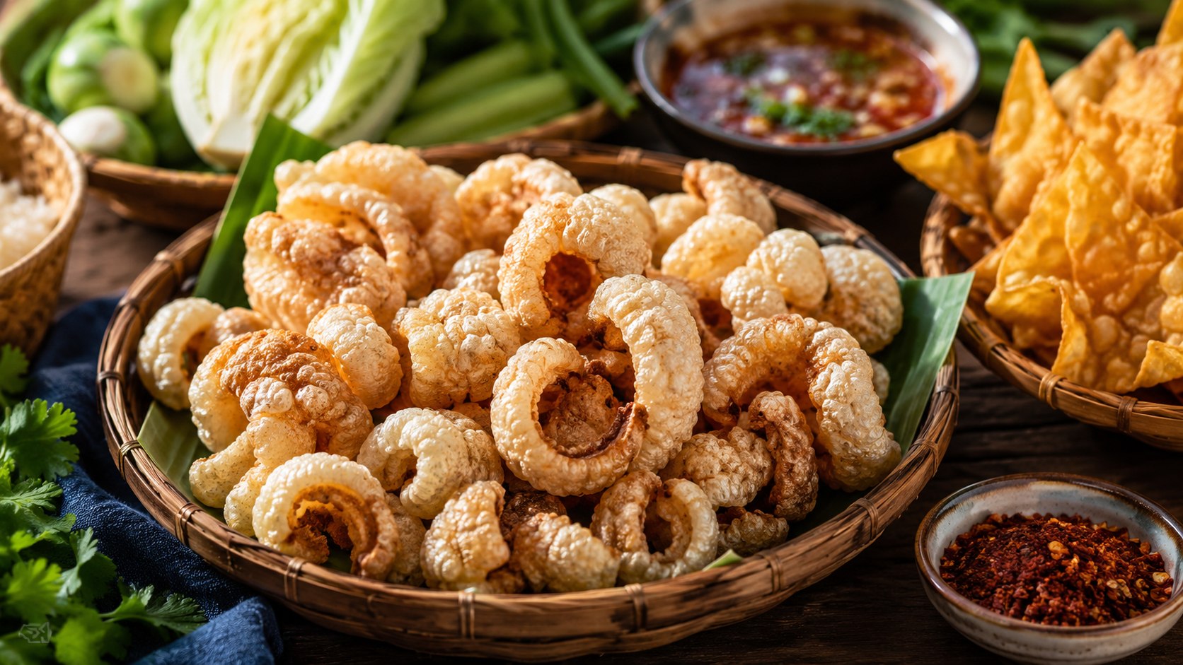 แคบหมูและของกรอบสำหรับกินคู่ผัดหมี่โคราช